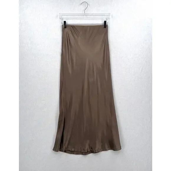 ENZA COSTA Satin Bias Cut Skirt Womens Small 1 Shiitake Brown Midi Pull on Slip - Picture 5 of 16